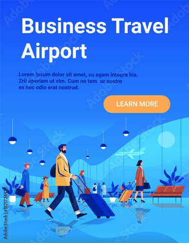 Business travel airport modern terminal people walking luggage airplane window blue interior plants waiting area digital banner