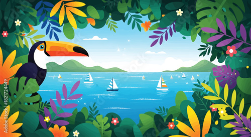 Colorful Tropical Illustration Featuring Toucan Bird Lush Foliage and Sailboats on the Sea a Whimsical Travel Destination Scene Perfect for Vacation and Nature Enthusiasts