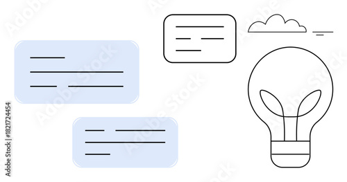 Innovation concept. Illustrated light bulb creativity next to speech bubbles collaboration. Innovation inspires teamwork, brainstorming, and fresh ideas. For business, design, education, creativity