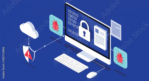 Cybersecurity and Threat Protection Illustration Featuring Computer with Lock Shield and Virus Icons on Blue Background Promoting Digital Safety Awareness