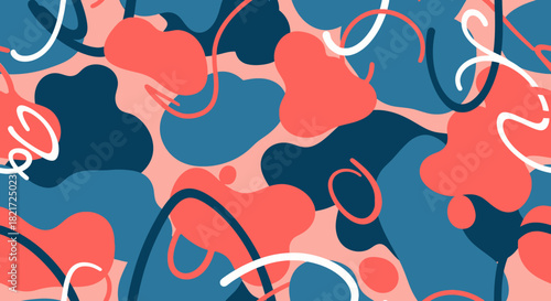 Abstract pattern with coral and blue organic shapes on a pink background.