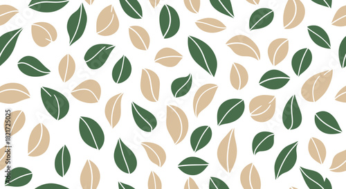 A seamless pattern of scattered green and beige stylized leaves on a white background.