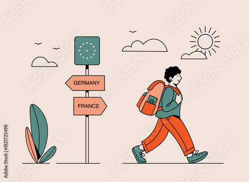 Vector illustration of a traveler walking near a road sign pointing to Germany and France. European travel and border crossing in a line style.