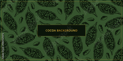 Background with cocoa beans, natural chocolate ingredients. Hand-drawn elements ideal for packaging design, chocolate branding, confectionery labels, organic food marketing, and culinary graphics.