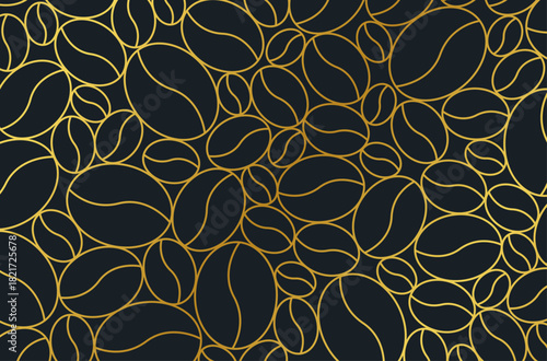 Background with golden coffee beans. Ideal for packaging design, coffee branding, confectionery labels, organic food marketing, and culinary graphics.