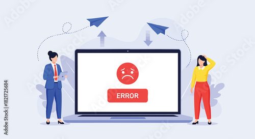 Error Message on Laptop with Confused Businesswomen and Flying Paper Planes Indicating Communication Failure Problem Solving Challenges and Technical Difficulties
