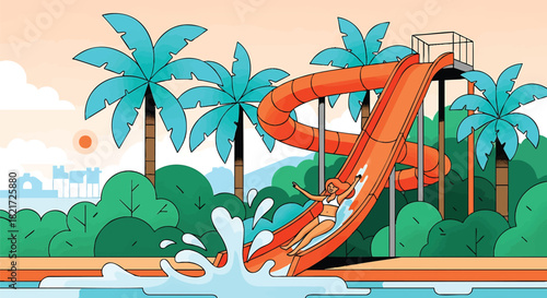 Exciting Water Park Adventure Illustration with Palm Trees and Orange Slide a Perfect Summer Getaway Destination for Fun and Relaxation Enjoying Thrilling Rides and Refreshing Water Activities