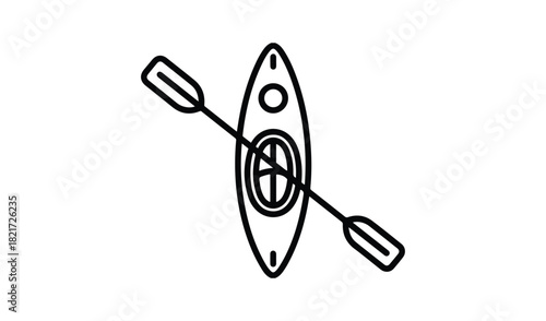 Simple outline illustration of a kayak and paddle on a white background