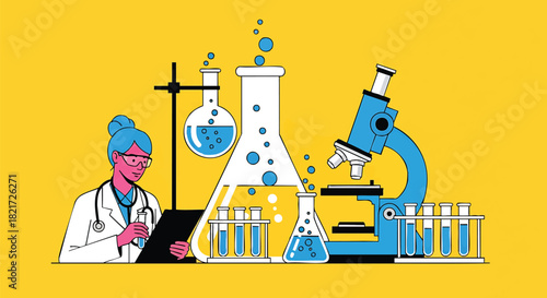 Female Scientist in Laboratory Setting Conducting Research with Scientific Equipment and Experiments Featuring Beakers and Microscope on Yellow Background