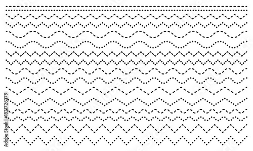 Dotted line wave. Dashed border corrugated patterns. Curved horizontal stripes.