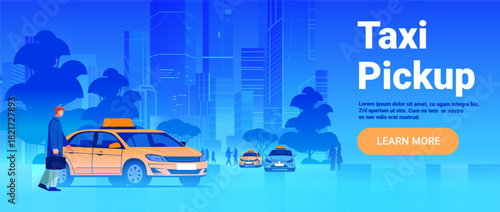 Taxi pickup urban city service man entering yellow cab modern skyscrapers street background website banner