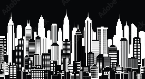 Black and white minimalist skyscraper city skyline silhouette vector graphic illustration, modern urban architecture background, metropolis cityscape panorama.