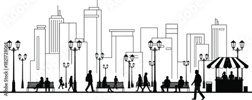 Black and white illustration of urban street life featuring people walking and sitting in a park with lampposts, market stall, and city skyline background.