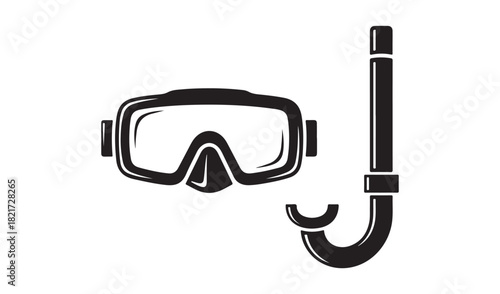 Black and white illustration of a snorkel mask and tube for underwater exploration
