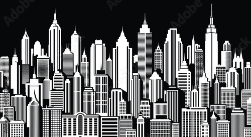 Black and white vector silhouette of a modern metropolitan city skyline panorama, featuring detailed skyscrapers, urban architecture, and a dramatic night view.
