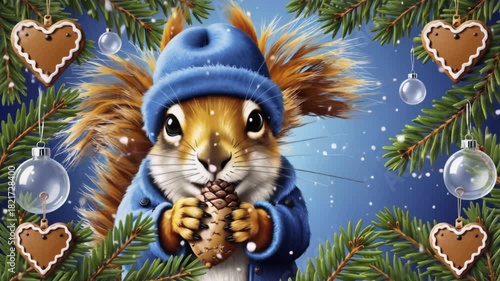 Cute squirrel in blue hat and coat holding pine cone surrounded by Christmas tree branches, heart cookies, and ornaments in snowy winter scene