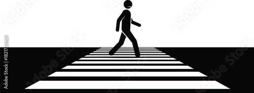 Minimalist black and white pedestrian stick figure icon walking across a striped road crosswalk or zebra crossing, traffic rules and urban safety symbol.
