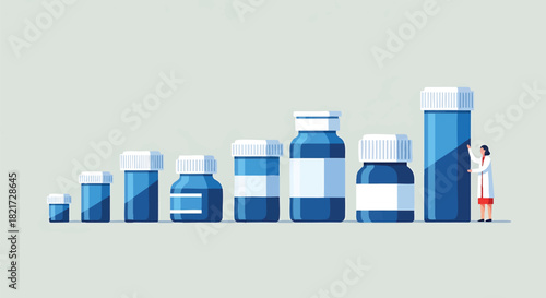 Progression of medication dosage represented by blue pill bottles with a doctor checking the final one showing pharmaceutical development and treatment evolution over time