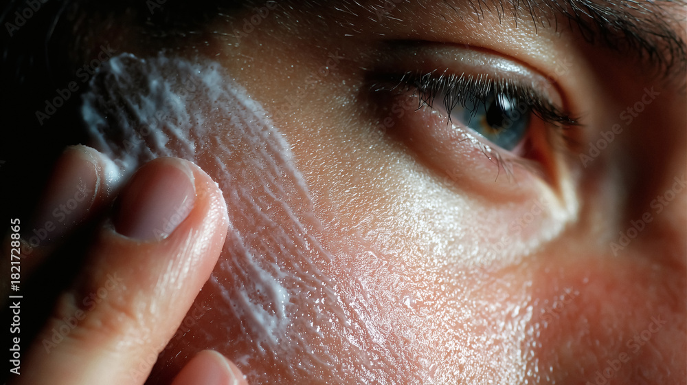 Fototapeta premium Applying moisturizing cream to face showing skincare routine for healthy glowing skin and beauty