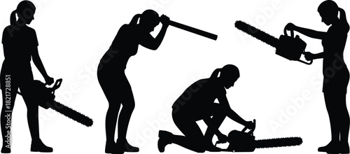 Chainsaw silhouettes, operational poses, safety stance, kneeling figure, raised tool, black outline, posture study, motion reference, tool handling, instructional gesture