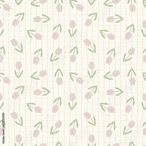 A beautiful seamless pattern of cream tulips with a hint of brown, with green stems and leaves. The background is decorated with cream-marshmallow stripes for textiles, aprons, wallpaper, picnic mats,
