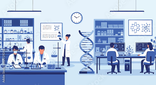 Scientific Research Laboratory with Scientists Working on Experiments and Data Analysis for Medical Discoveries and Technological Advancements in Biotechnology and Chemistry
