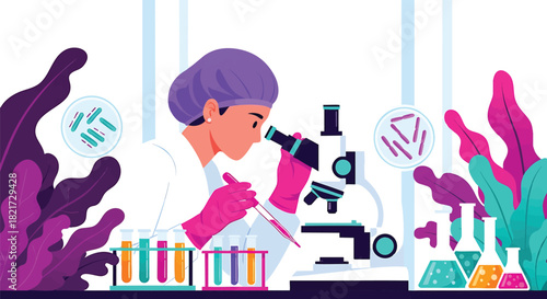 Scientist in Lab Examining Microscopic Organisms with Microscope and Test Tubes Exploring Medical Research and Scientific Discovery in a Modern Laboratory Setting