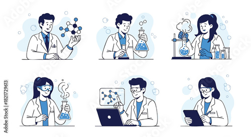 Scientists Conducting Experiments in a Laboratory Setting Depicted in Minimalist Style Outlining Research and Development for Scientific Advancements