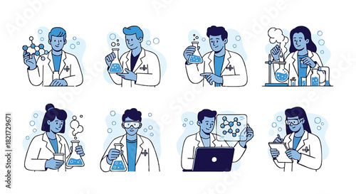 Scientists Conducting Experiments with Lab Equipment and Analyzing Data in Various Settings Showing Research Innovation and Development in Scientific Professions