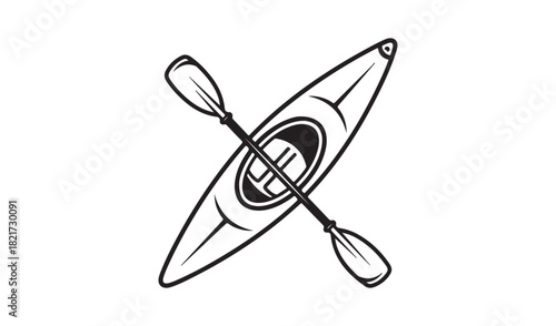 Simple line drawing of a kayak and paddle on a white background