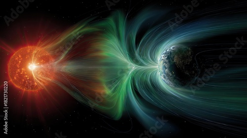 Particle emissions and the solar magnetic field affect the magnetosphere. Magnetic bubble around the Earth. Plasma