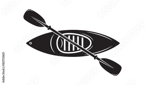 Black silhouette of a kayak and paddle on a white background