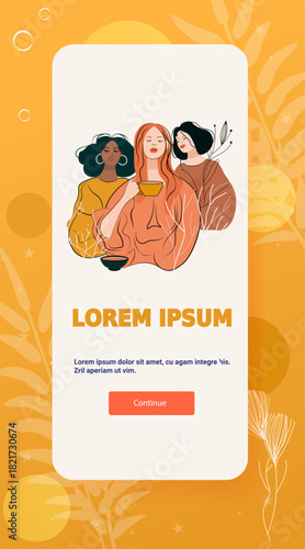 Women meditation mindfulness self care wellness harmony three diverse females relaxing with tea abstract leaves orange background mobile app screen
