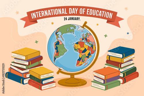 Celebrating international day of education on january 24th, this illustration features a world globe and colorful books, symbolizing global learning and knowledge