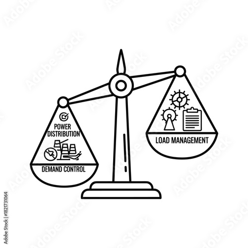 Balance scale comparing power distribution and load management isolated on