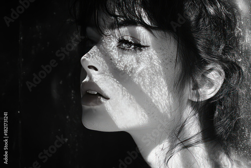 A black and white artistic portrait of a young woman in dramatic side lighting.  