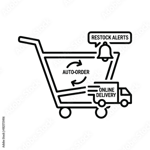 Outline icon of shopping cart with auto order, restock alert, and delivery