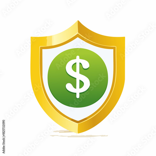 Golden shield protects green dollar sign representing financial security and investment growth on a clean white backdrop, symbolizing safety and prosperity.