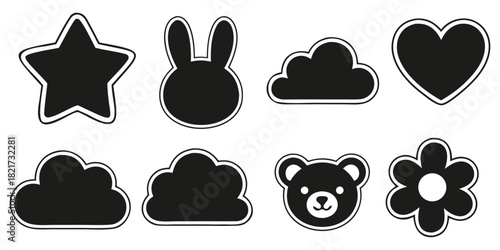 Cute cartoon shapes: star, heart, cloud, rabbit, bear, flower, simple outline kit