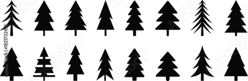 Collection of simple stylized Christmas tree silhouettes in black vector format, icons for winter holiday, festive, and nature graphic designs,