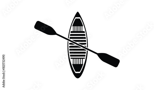 Simple black and white illustration of a canoe and paddle