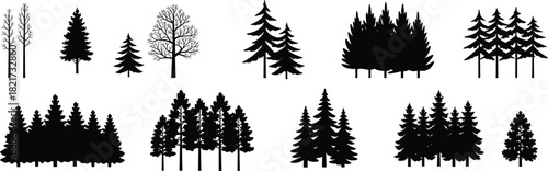 Collection of various black forest silhouettes, including individual trees and dense groves, vector icons for nature, wood, and outdoor design concepts,