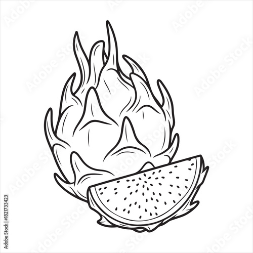 Black and white illustration of a whole dragon fruit with a slice showing seeds.
