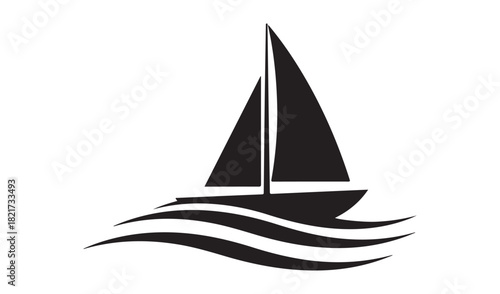 Simple black silhouette of a sailboat on wavy water