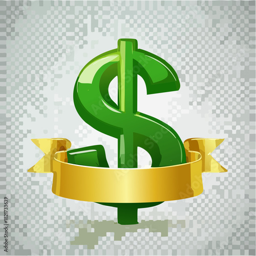 Green dollar sign wrapped in golden ribbon shines against transparent backdrop, symbolizing wealth and prosperity with a touch of elegance.