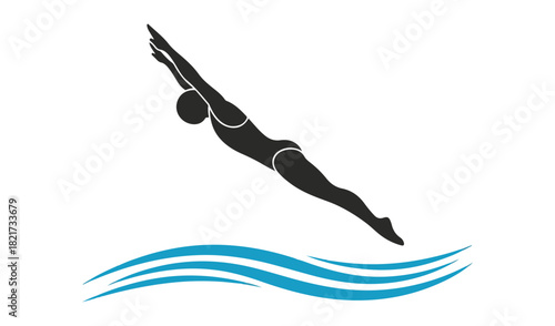 Silhouette of a diver plunging into stylized blue water waves