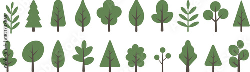 Flat Simple Green Tree Icons Set, Minimalist Forest Collection, Nature Symbols for Design, Cute Cartoon Illustrations