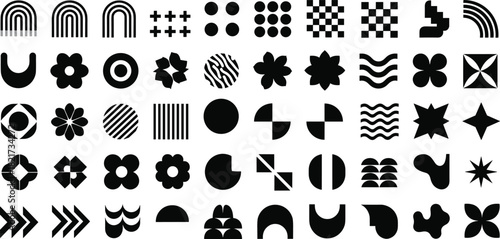 Black abstract symbol grid, geometric icon set, decorative shape collection, modern design motifs, symmetrical patterns, vector graphic elements, minimal art
