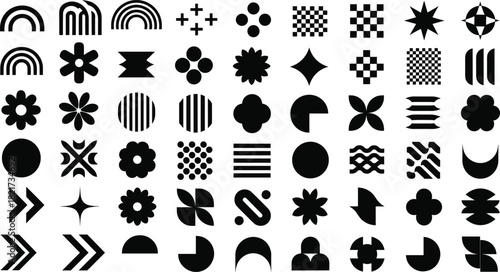 Black abstract symbols grid, geometric icon set, decorative shape collection, modern design motifs, symmetrical patterns, vector graphic elements, minimal art