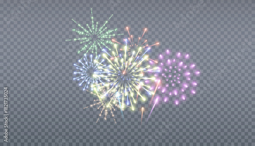 Colorful, sparkling fireworks explode against a transparent background. These vibrant, festive fireworks explode with neon sparks and glittering light effects.